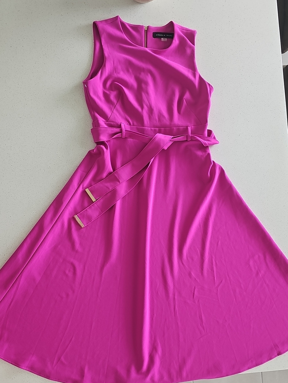 Andrew Marc Bright Fuchsia Sleeveless Belted Midi Dress